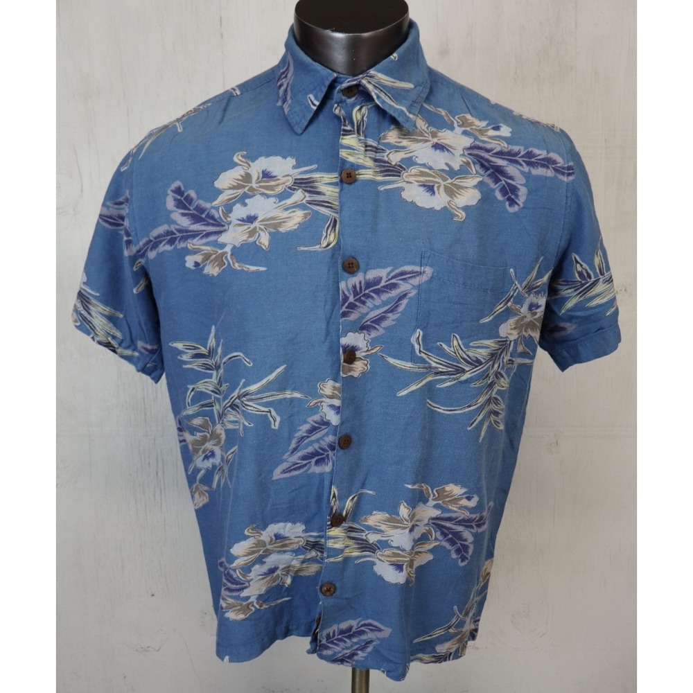 Mens Island Tropics Hawaiian Shirt Button Front Size M Floral Cotton Linen Rayon